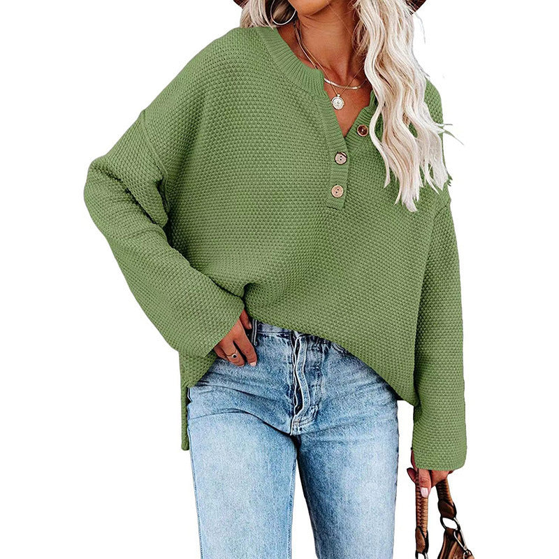 Solid Color Pullover V-Neck Knitted Sweater Womens