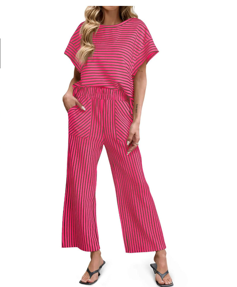 Womens Striped Short-Sleeve T-Shirt And Wide-Leg Pants Set With Pockets
