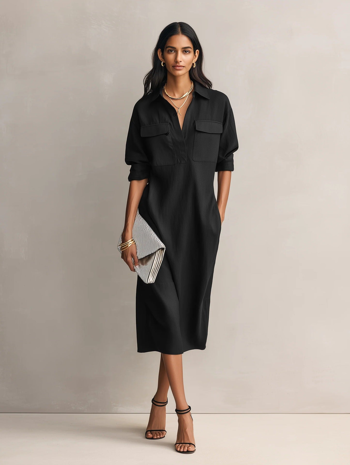 Womens French-style Elegant Commuter Shirt Dress With A Defined Waist, Slimming Fit
