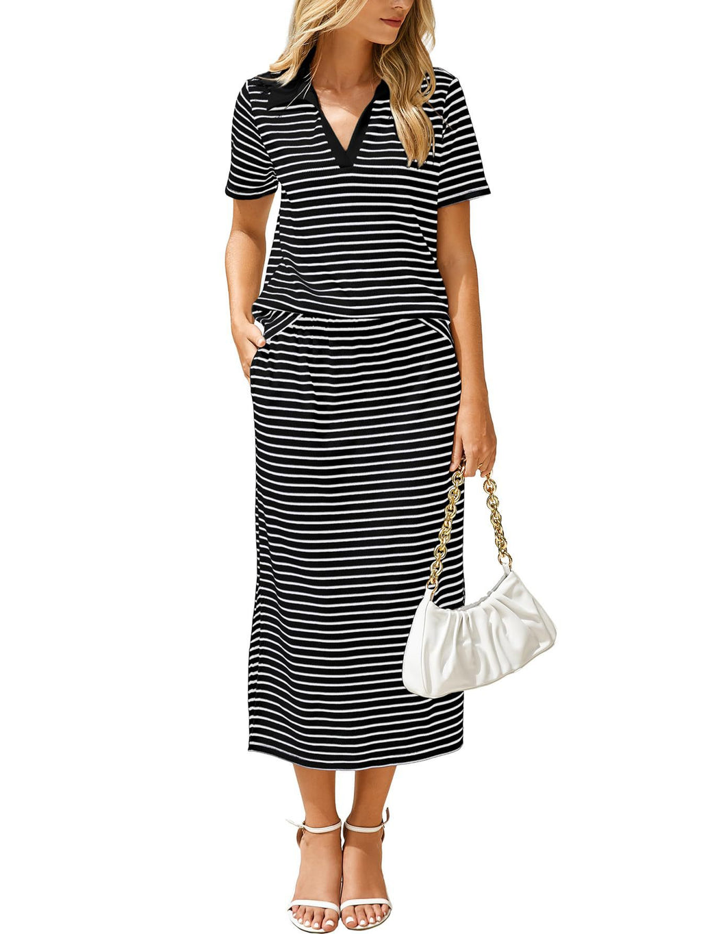 Womens Lapel T-shirt And Slit Skirt 2-piece Set