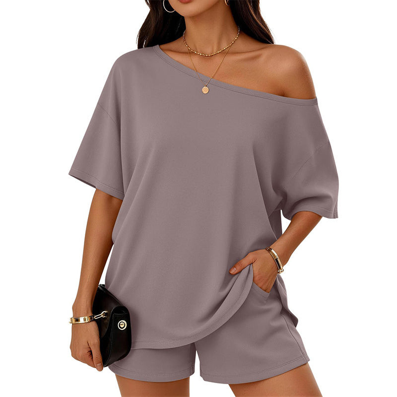 Womens 2-piece Fashionable Casual Set Slant-Neck Top And Shorts