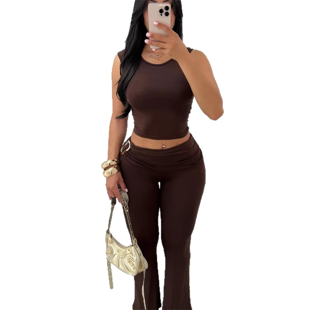 Womens Solid-Colored Sleeveless Top And Bodycon Hip-Hugging Pants Set