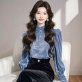 Womens Sophisticated Blue Stand-Collar Velvet Shirt