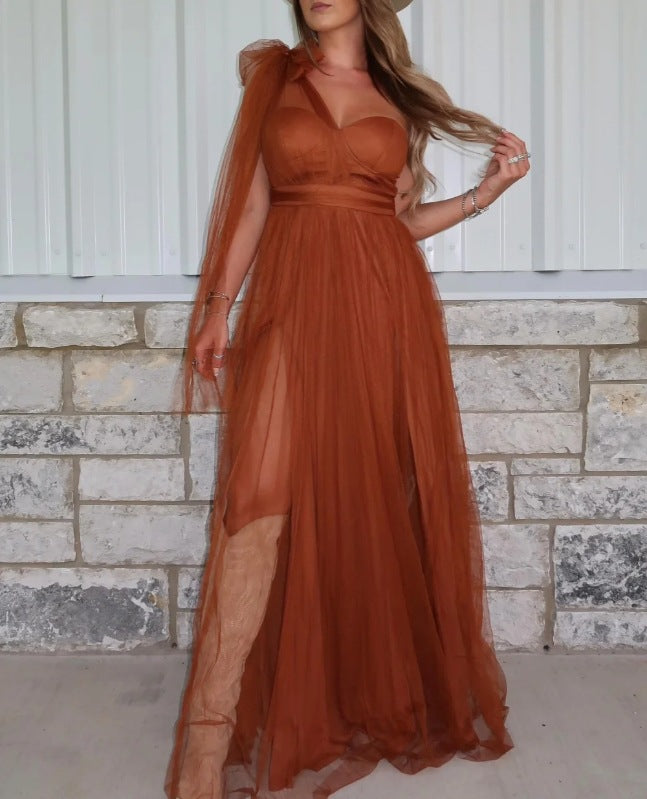 Womens Mesh-Panelled Strap Long Dress