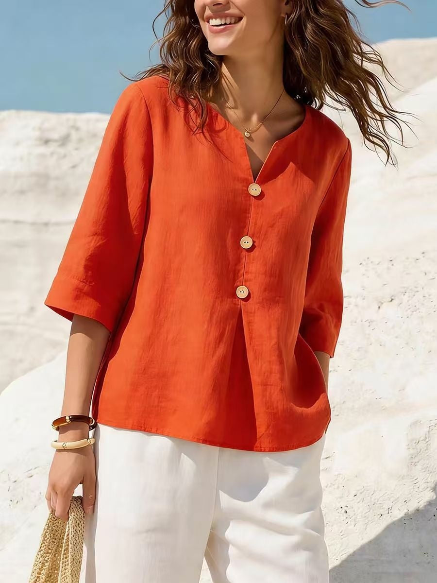 New Solid-Colored Casual Cotton-Linen Womens V-Neck Button-Up Shirt
