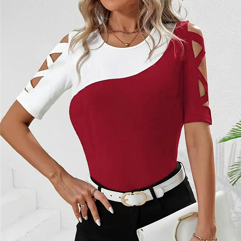 Slim-fit Contrast-color Hollow-out Top Multicolor Fashionable And Versatile