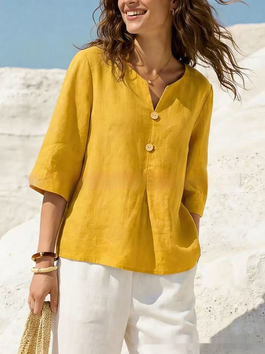 New Solid-Colored Casual Cotton-Linen Womens V-Neck Button-Up Shirt