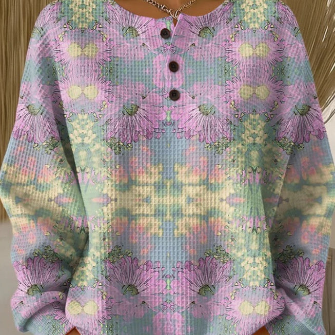 Womens Printed Three-Button Stand-Up Collar Sweatshirt Top