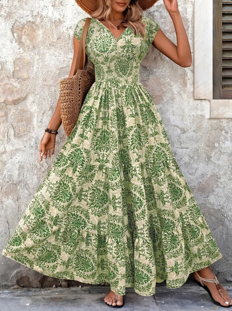 Vintage-print Dress Fashionable And Elegant V-neck Womens Wear