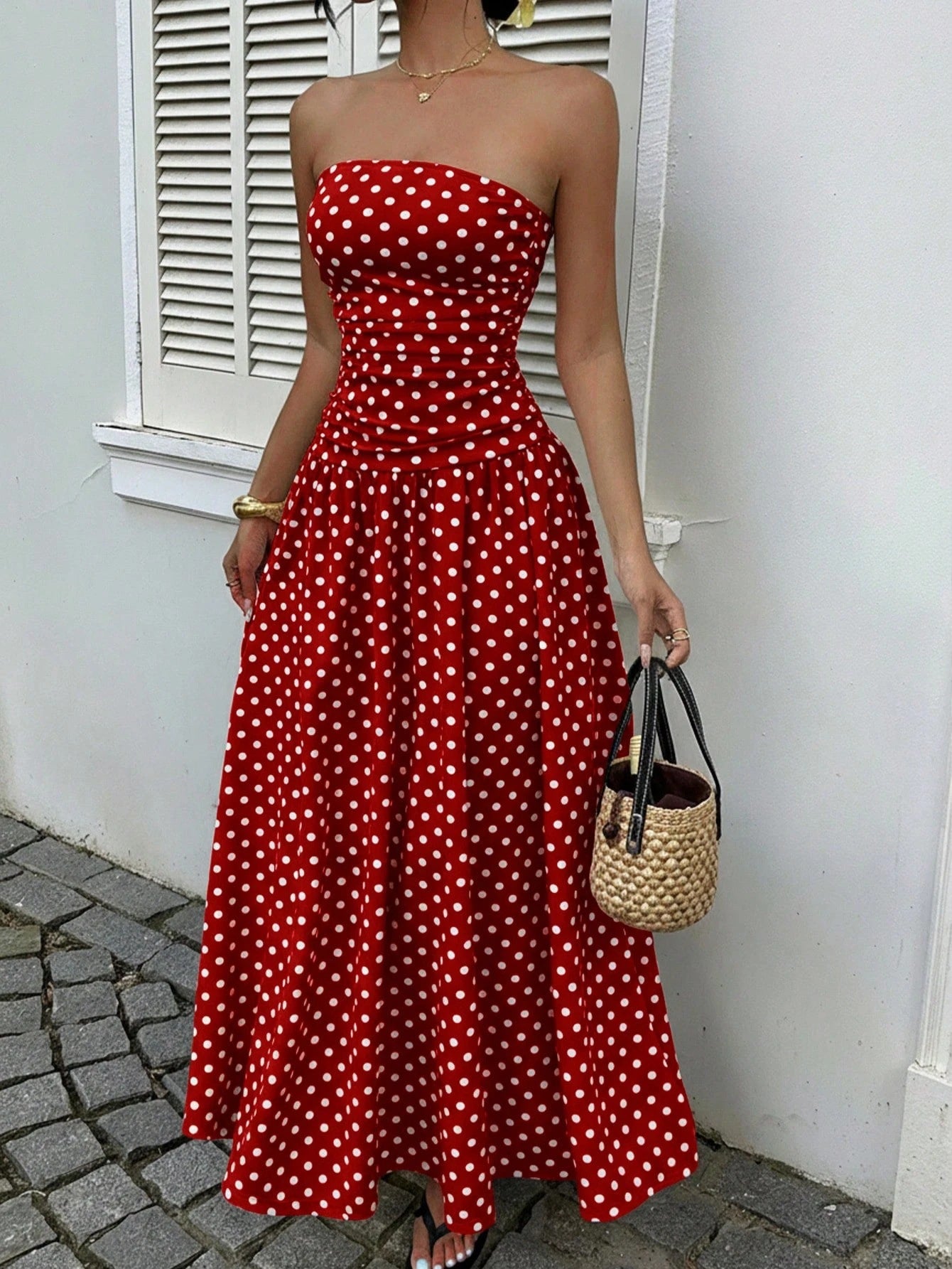 Off-the-shoulder Polka-dot A-line Waist-cinched Figure-flattering Dress