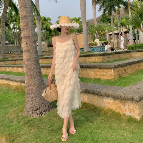 Fringed French-style Ethereal Long Beach Dress For Seaside Vacations