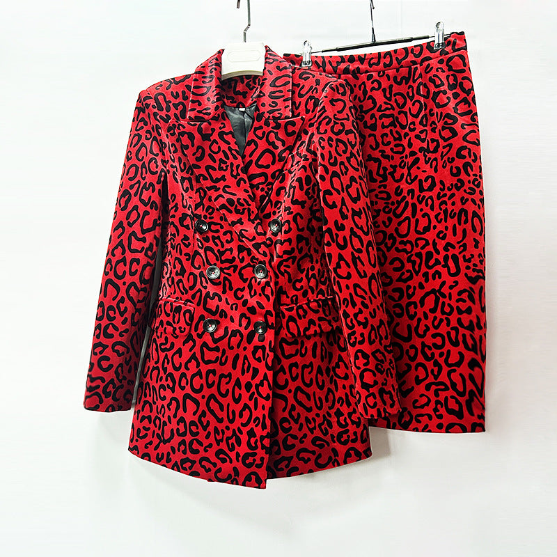 Leopard Print Double Breasted Blazer & Midi Pencil Skirt 2-Piece Suit Set