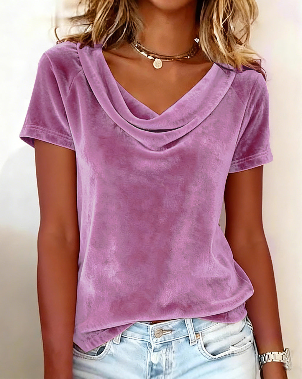 Solid-color Casual Cowl-neck Sexy Velvet Short-sleeve
