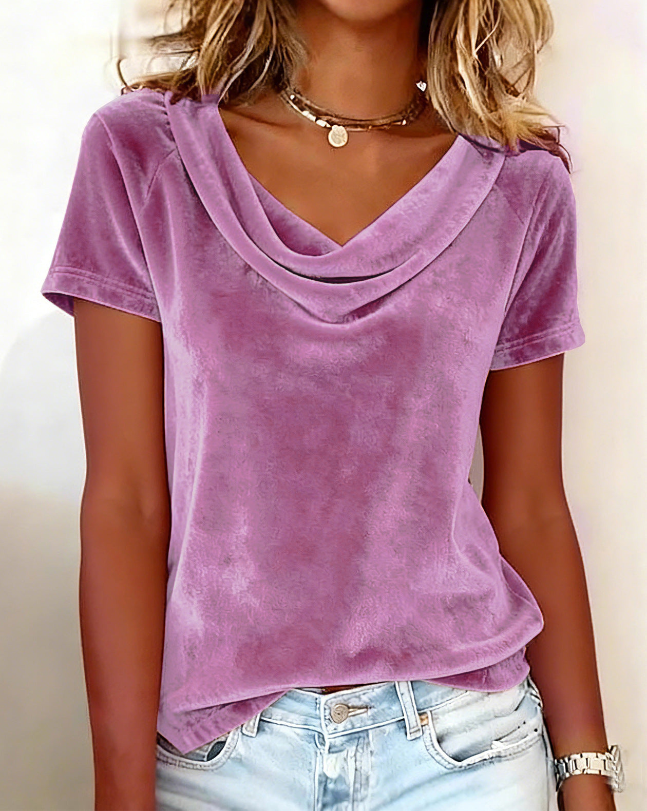 Solid-color Casual Cowl-neck Sexy Velvet Short-sleeve