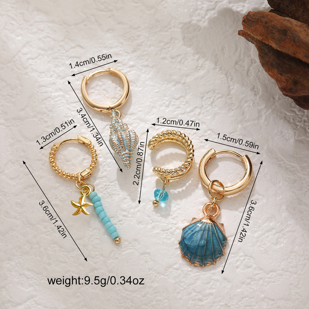 Colorful Shell Conch Drop Earrings Ear Cuff Beaded Earrings Bohemian Ocean Style 4Pcs Jewelry Set
